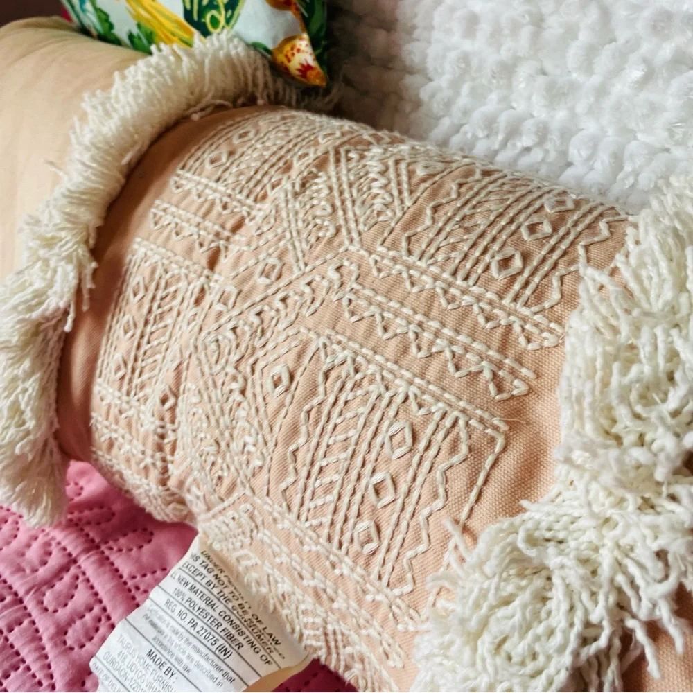 Opalhouse Boho Pink and white embroidered fringe Oversized Oblong Throw Pillow